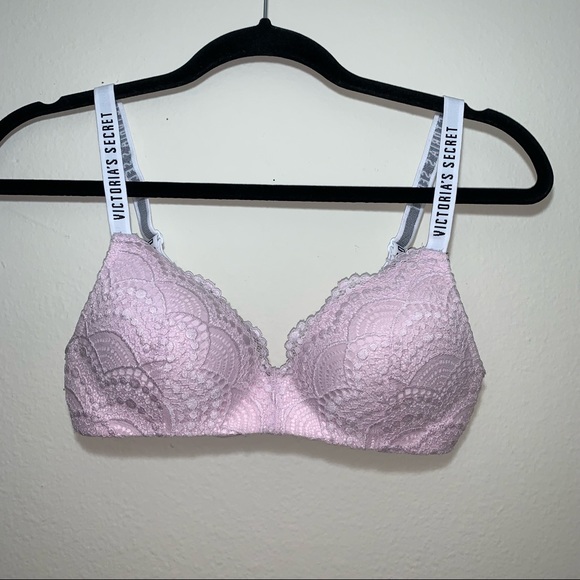 Victoria’s Secret Light Pink Lace Logo Strap Lined No-Wire Bra Size 32B - Picture 2 of 6